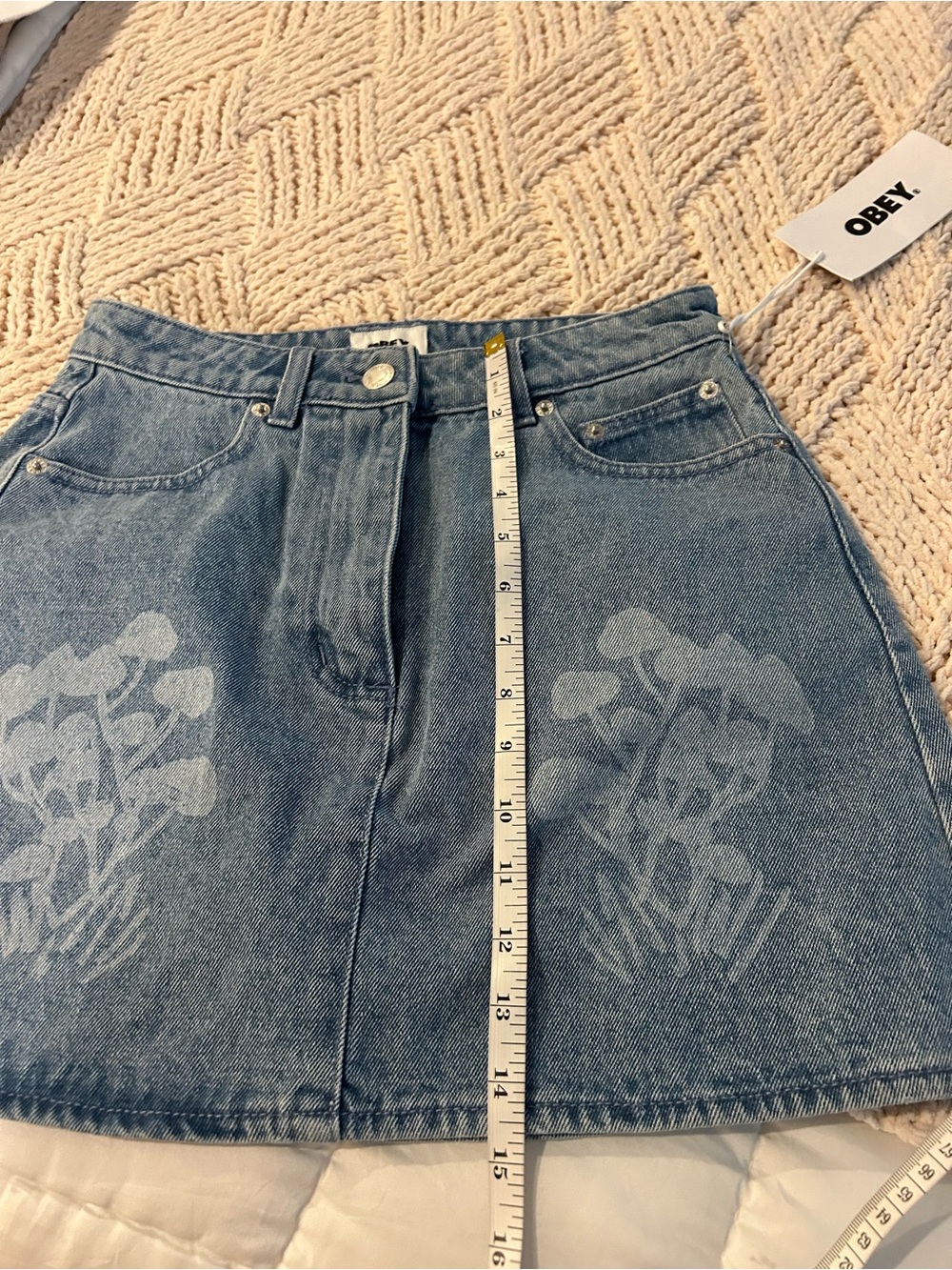 Obey Blue Denim Mini Skirt with Faded Floral Print - Picture 4 of 5